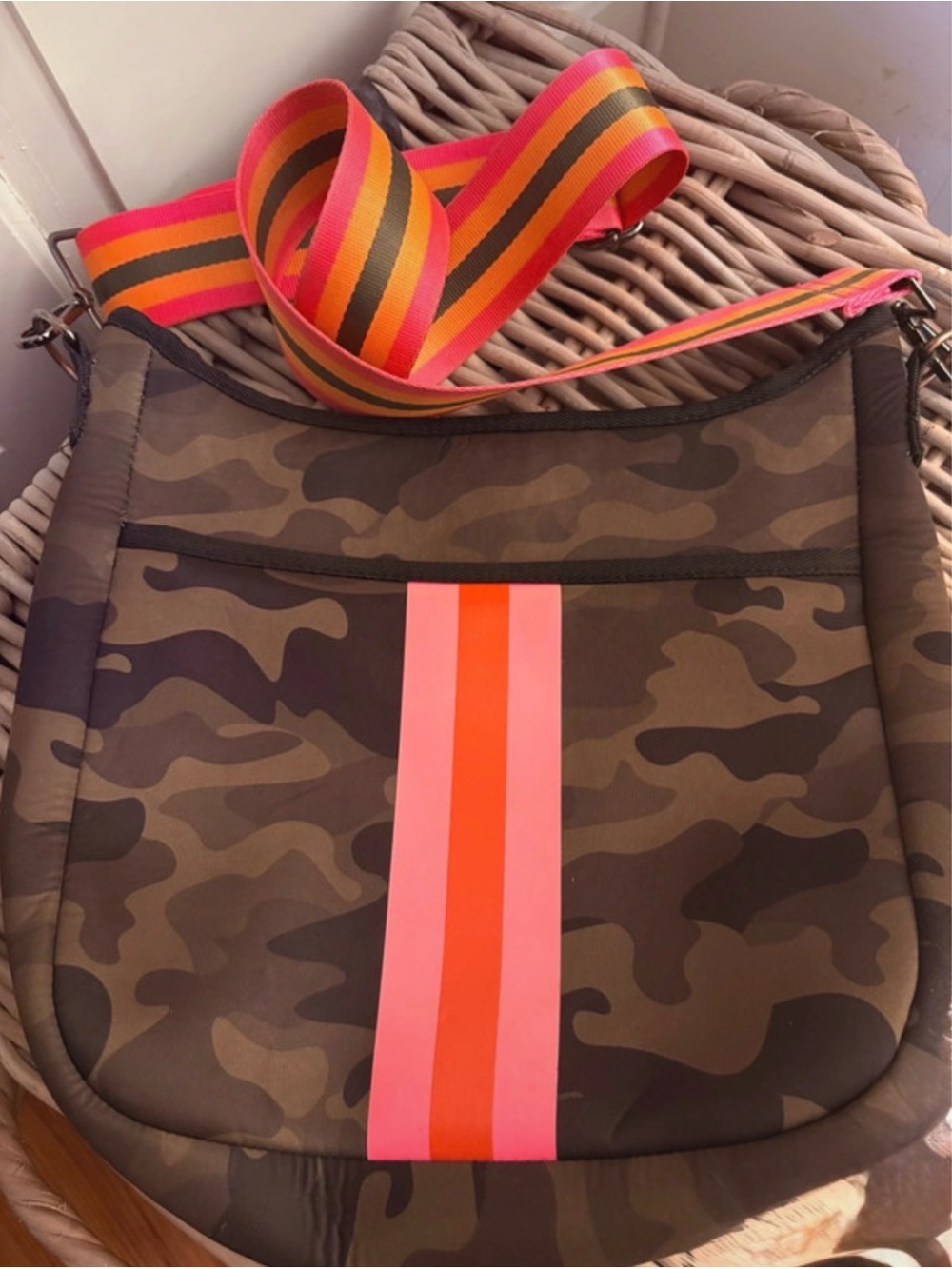 Haute Shore Neoprene Crossbody Camo Bag with pink/orange strap